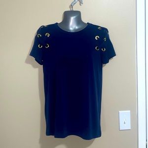 Michael Kors Navy Blue Short-Sleeve Blouse with Gold Lace-up Details, Size Small